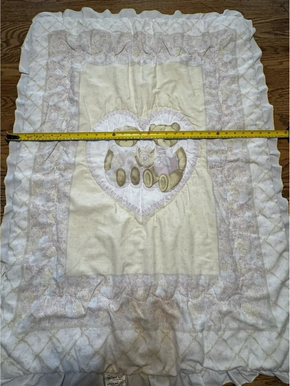 Vintage Junior Custom Quilting Mfg. Crib Quilt Teddy Bears Ruffled Quilted